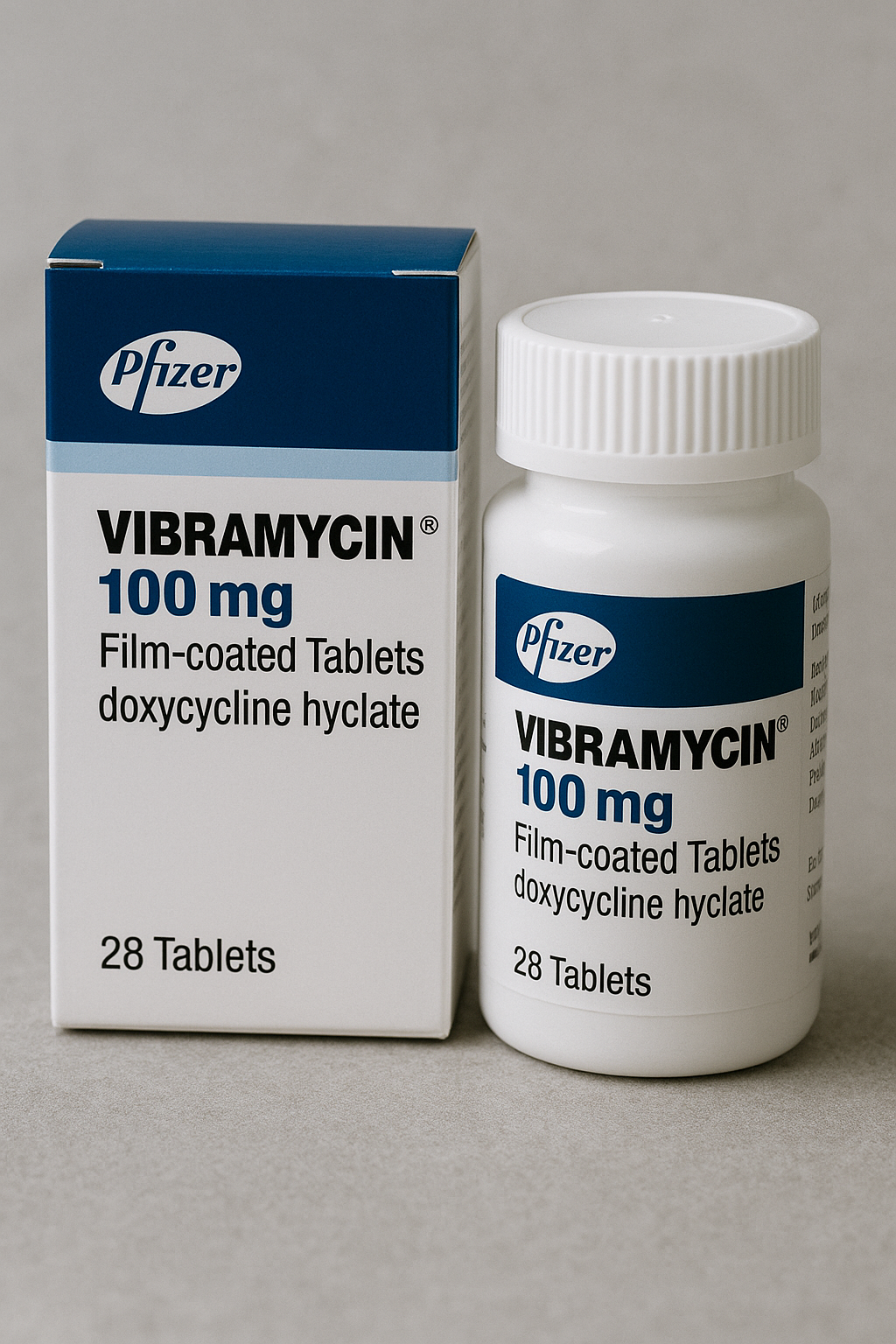 Close-up of Vibramycin 100 blister pack and packaging box
