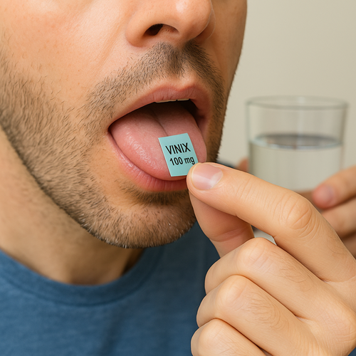 A person orally taking a Vinix 100mg Stripe film
