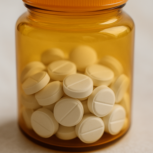 White round tablets in a transparent medicine bottle close-up