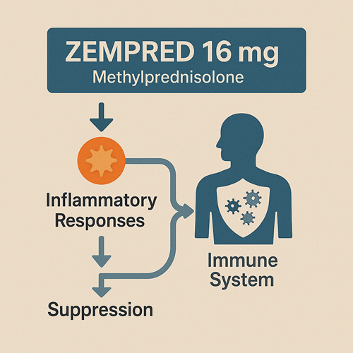 Visual diagram showing how Zempred 16mg regulates inflammatory responses and suppresses the immune system