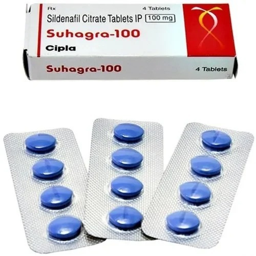 Suhagra 100 box with blister strips arranged, packaging and dosage identifiable