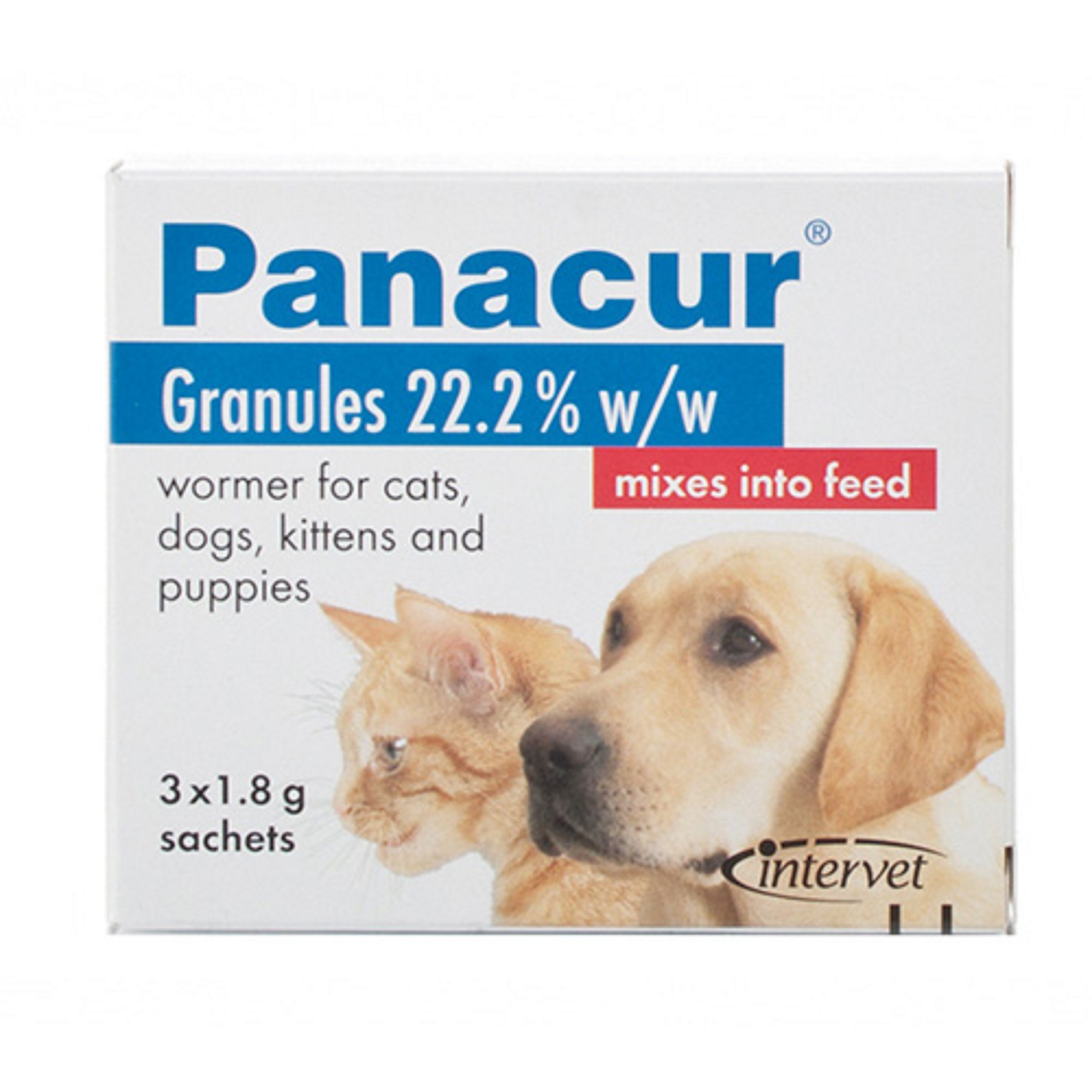 Panacur Granules 22.2% (Fenbendazole) 1.8g veterinary dewormer box front view with dog image for online pet pharmacy parasite control