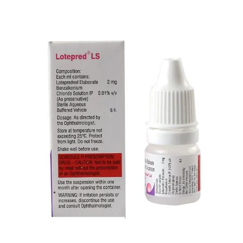 Lotepred LS Eye Drops 0.2% w/v 5ml bottle with box showing composition and directions