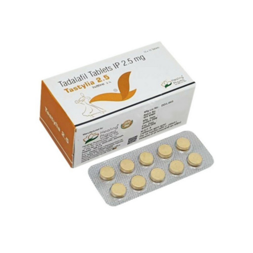 Tastylia 2.5mg (Tadalafil) branded carton and silver foil blister pack with yellow tablets