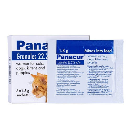 Panacur Granules 22.2% (Fenbendazole) 1.8g detailed back of carton with dosage instructions for dogs, cats, puppies, and kittens deworming treatment online pharmacy