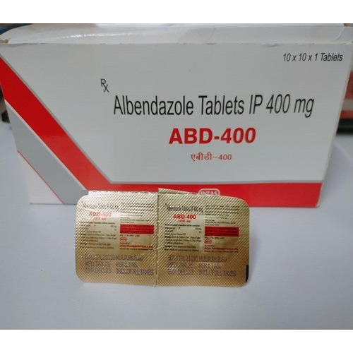 ABD 400 (Albendazole) 400mg 100 tablets blister strip close-up with foil packaging for intestinal worm infection treatment online pharmacy