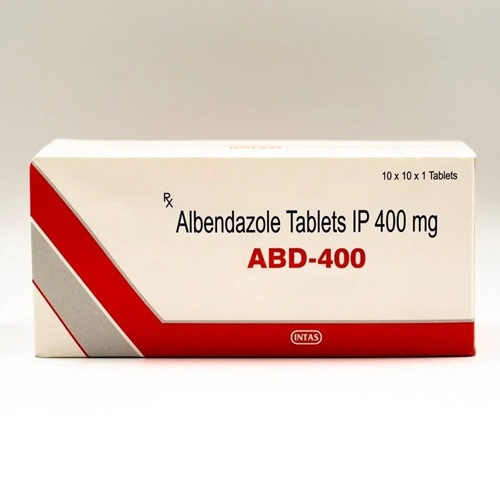 ABD 400 (Albendazole) 400mg 100 tablets multiple carton boxes and blister packs set display for roundworm, hookworm, and tapeworm therapy online pharmacy