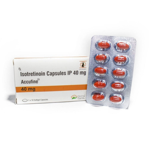 Accufine 40mg (Isotretinoin) box and blister pack displayed together with capsules partially visible