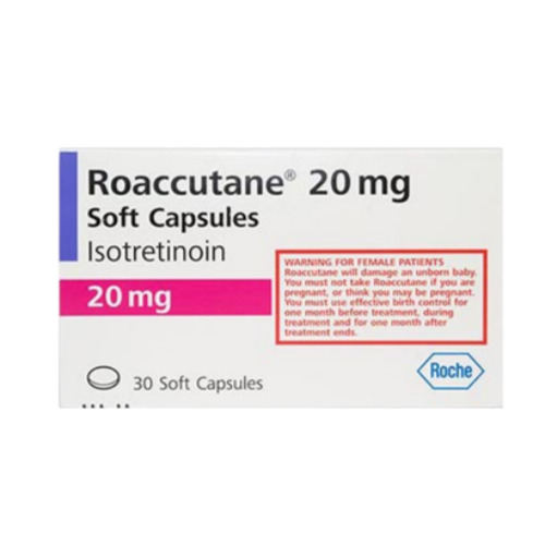 Accutane (Roaccutane) 20mg box packaging showing isotretinoin capsules for severe acne treatment