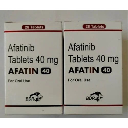 Afatin 40 (Afatinib) 40mg 28 tablets carton box and blister pack set display for oncology treatment online pharmacy