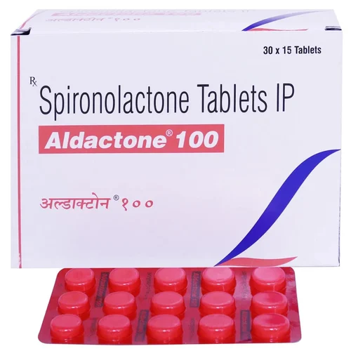 Aldactone 100mg box with red blister pack, front view showing product name and dosage clearly