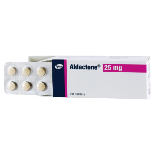 Aldactone 25mg box with blister strip of tablets, front view showing product name and dosage clearly