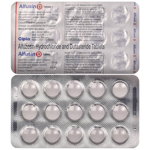 Alfusin-D blister strips close-up, tablets and printed label details legible