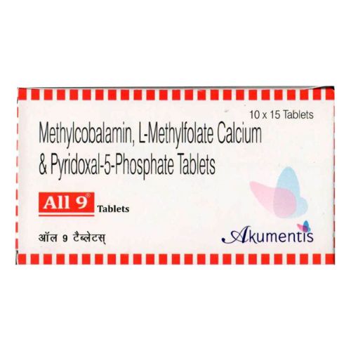 All 9 tablets 100 count blister strip with red border and label visible