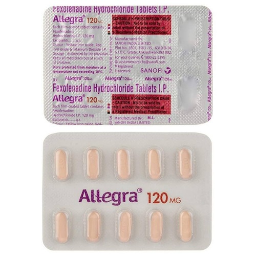 Allegra 120mg Fexofenadine Hydrochloride pink oval tablets in silver blister sheet
