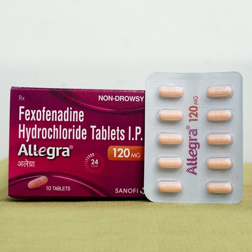 Allegra 120mg 10 tablets box with product label and tablet strip