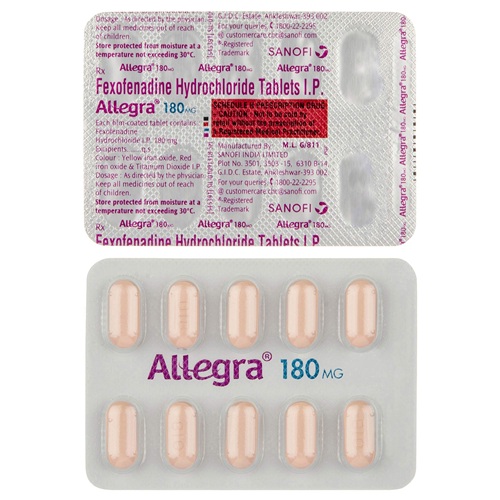 Allegra 180mg Fexofenadine Hydrochloride pink oval tablets in silver blister sheet