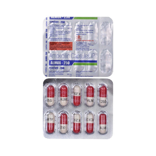 Almox 250mg (Amoxicillin) multiple blister packs of red and white capsules displayed