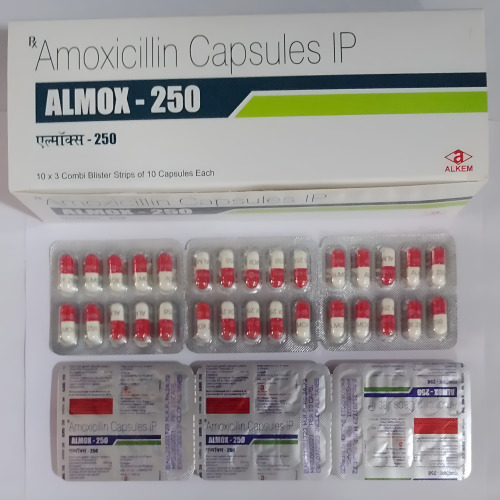 Almox 250mg (Amoxicillin) full pack with branded carton and capsule blister strips