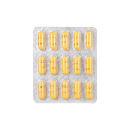 Almox 500mg (Amoxicillin) multiple yellow capsule blister packs displayed