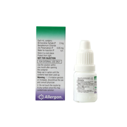 Alphagan 5ml eye drops white plastic bottle with green and purple label and box