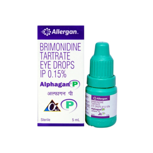 Alphagan P Eye Drops 5ml bottle with outer carton packaging displaying dosage and brand details
