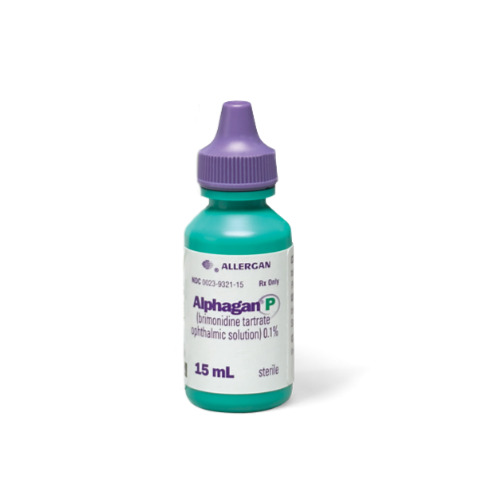 Alphagan P Eye Drops 5ml green plastic dropper bottle with purple cap, without box
