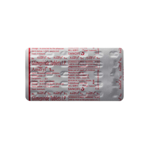 Amaryl 1mg glimepiride tablets in silver foil blister packaging with red print