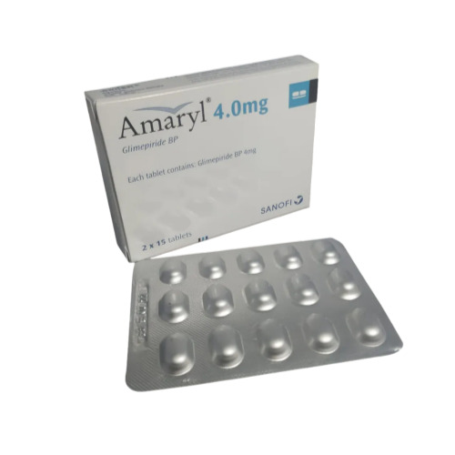Amaryl 4mg tablets pack with silver blister strip containing round white tablets