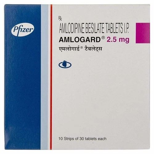 Amlogard 2.5mg (Amlodipine) 300 tablets Pfizer branded white and blue box with blister packs visible, online pharmacy medication for hypertension and heart care