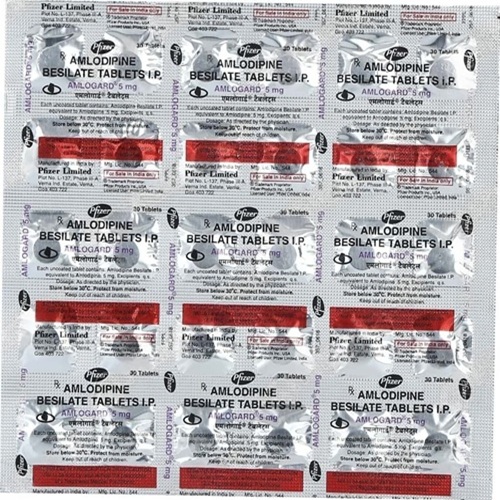 Amlogard 5mg (Amlodipine) 300 tablets silver blister strips with clear dosage labeling, cardiovascular treatment option in online pharmacy