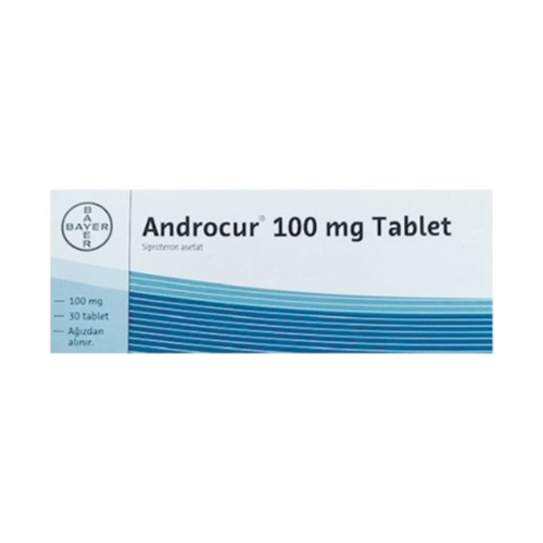 Androcur 100mg (Cyproterone Acetate) Bayer box packaging with blister strip of tablets