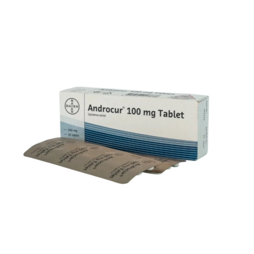 Androcur 100mg tablets carton with brown foil blister strip containing round tablets
