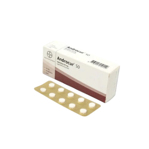 Androcur 50mg tablets carton with gold blister strip containing round white tablets