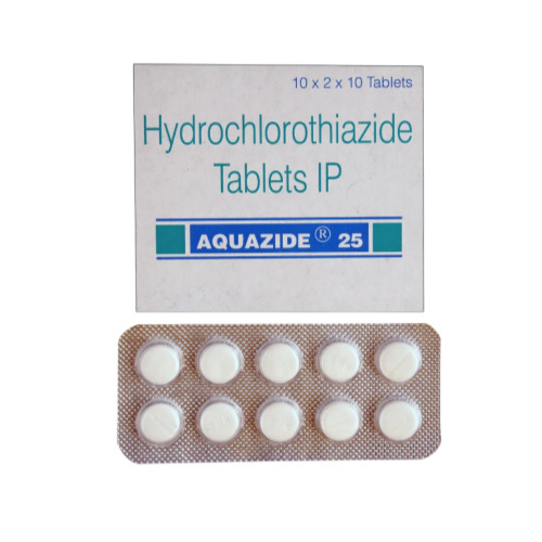 Aquazide 25mg white round tablets in blister strip front view