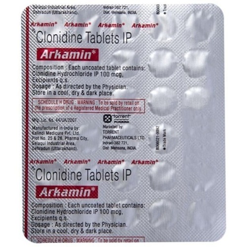 Arkamin 100mg Clonidine white round tablets in silver blister sheet