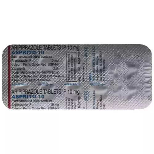 Asprito 10 blister strip showing aripiprazole tablets, psychiatric medication for mood stabilization and psychosis, online pharmacy