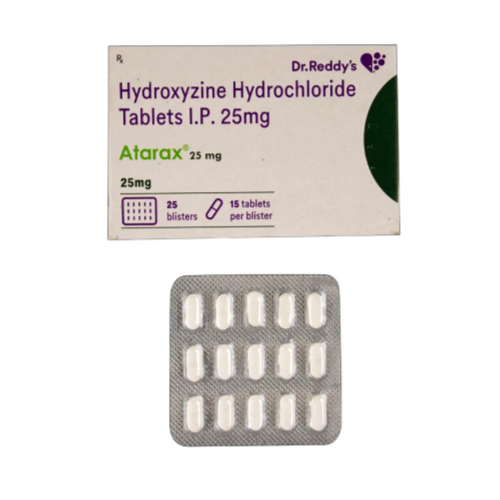 Atarax 25mg Hydroxyzine Hydrochloride white round tablets in silver blister sheet
