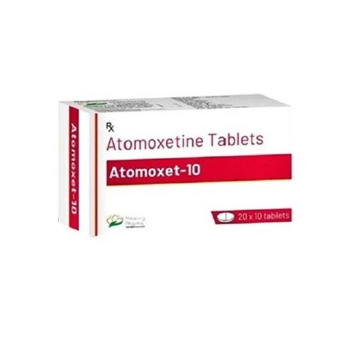 Atomoxet 10 tablets box with blister pack side view