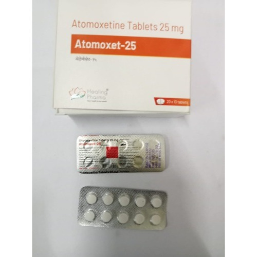 Atomoxet 25 (Atomoxetine 25mg) Healing Pharma branded carton with multiple blister strips