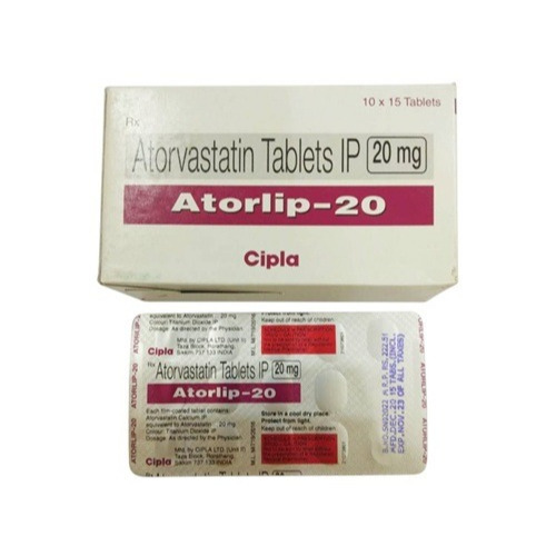 Atorlip 20mg 150 tablets product box with multiple blister sheets and Cipla branding