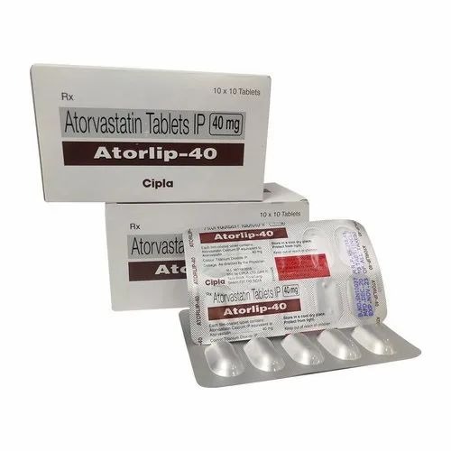 Atorlip 40mg 100 tablets product box with multiple blister sheets and dosage label