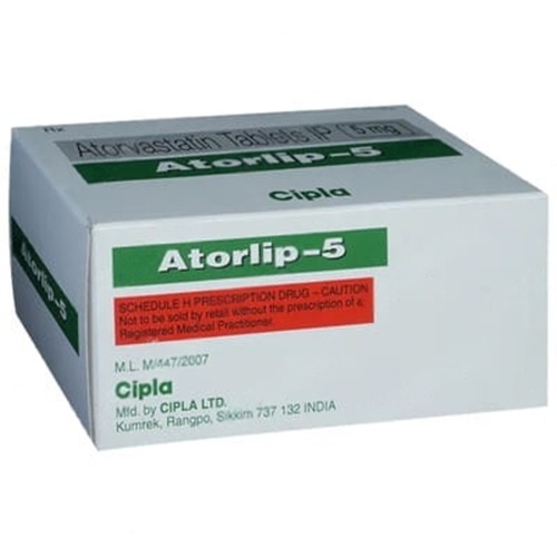 Atorlip 5mg 150 tablets product box with multiple blister packs and dosage details