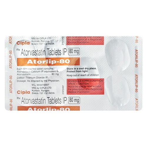 Atorlip 80mg silver blister strip with dosage label and product details