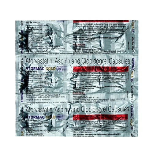 Atormac Gold 20 blister close-up showing printed foil with manufacturing/lot and regulatory information readable