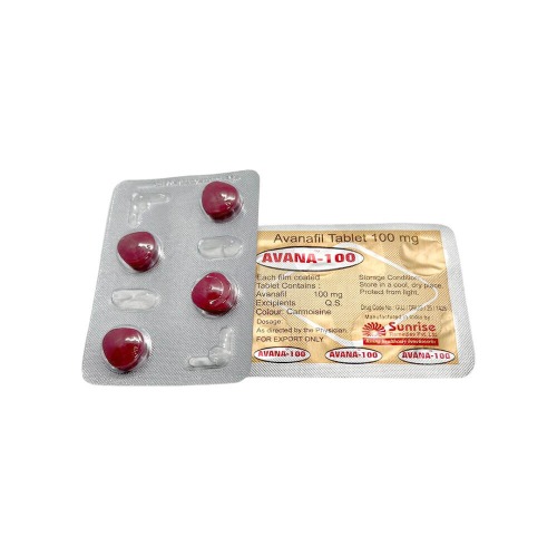 Avana 100mg blister strip close-up, red oval tablets and gold foil details visible