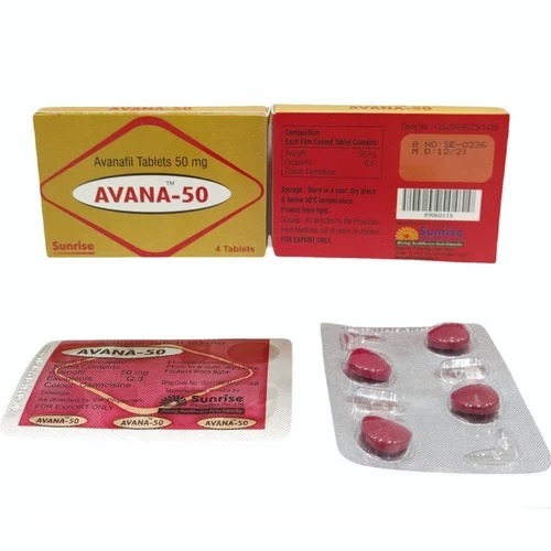 Avana 50mg (Avanafil) box and blister pack displayed together, showing red round tablets