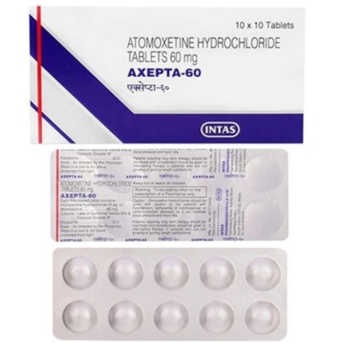Axepta 60 tablets 60mg foil blister strip with printed text and Intas branding