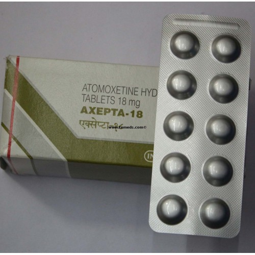 Axepta 18 (Atomoxetine 18mg) Intas carton with multiple blister strips of tablets