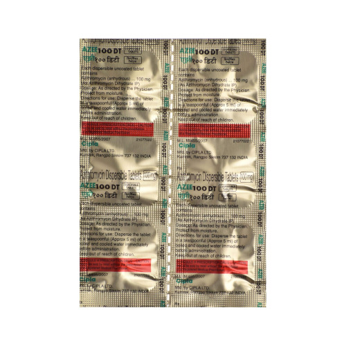 AZEE 100 DT (Azithromycin) gold foil blister pack with red markings close-up
